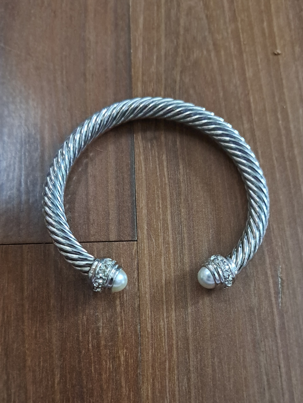 Silver-Tone Twisted Cable Cuff Bracelet with Pearl End Caps
